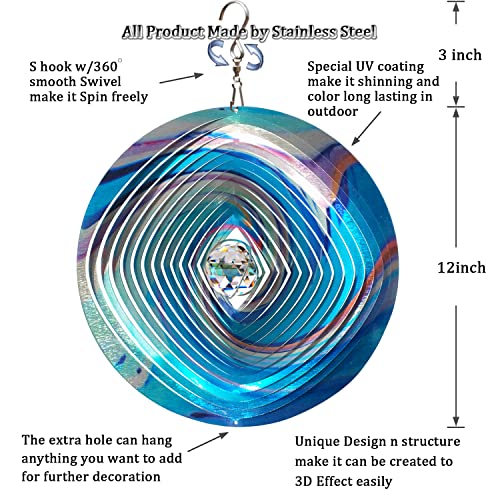 Image of FONMY Mandala Wind Spinner w /Crystal Ball 3D Stainless Steel Hanging Wind Spinner Worth Gift Christmas Decoration Indoor /Outdoor Garden Decor Kinetic Yard Art 12 Inches Multi Blue Wind Sculpture