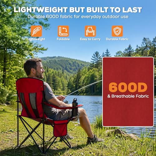 Image of Romswi Portable Camping Chairs, Heavy Duty Folding Outdoor Chairs, Folding Chair with 4-Can Cooler Bag for Camping, Fishing, Garden, 2-Pack, Red