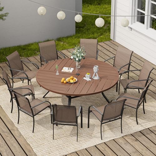Image of VICLLAX 63 inch Round Outdoor Table, Patio Dining Table for 8-10 with Umbrella Hole for Garden Lawn Deck Backyard, Walnut