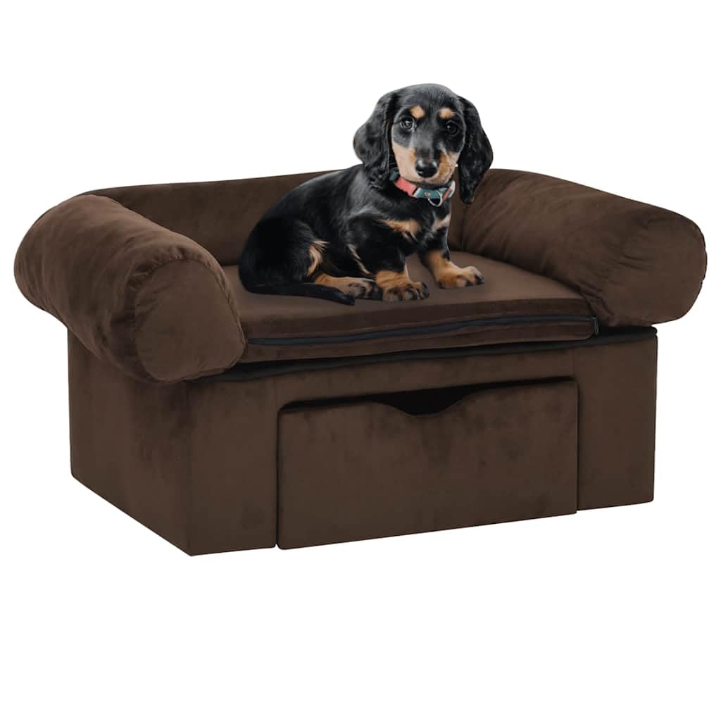 Sofa dla psa z szufladą, brązowa, 75 x 50 x 38 cm, pluszowe drewno sosnowe, tapicerowana, z poszewką nadającą się do prania, antypoślizgowa powierzchnia do leżenia dla szczeniaków, seniorów