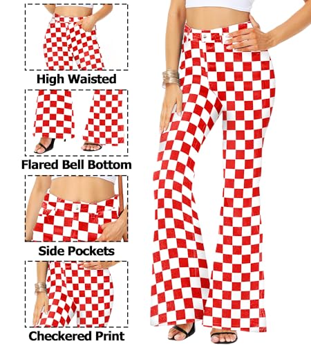 Womens High Waisted Plaid Bell Bottom Jeans Stretch Checkered Flare Denim Pant3