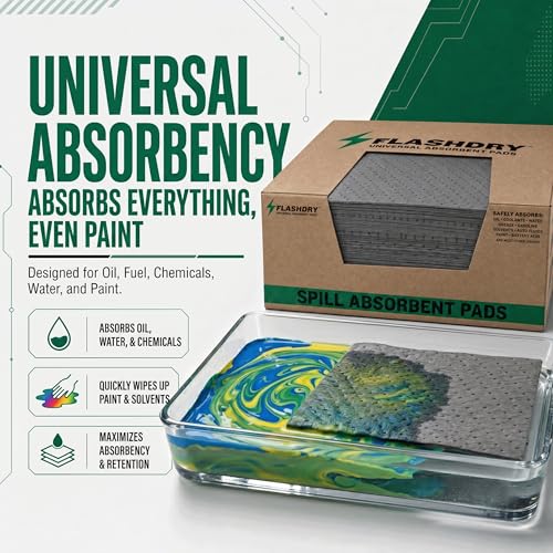 Image of FLASHDRY Universal Spill Absorbent Pads, 100-Count Dispenser Box, 17.5 inch x 13.5 inch, Absorbs Oil, Grease, Coolant & Solvents, for Garages, Warehouses, Factories & Industrial Facilities