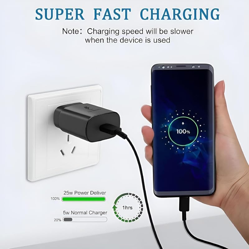 Image of 25W Type C Charger Adapter for Galaxy A35 /M35 /M15 /F15 /A15 /A14 /M14 /M34 /F34 /S24 /S23 Fe /S21 fe 5G /Z fold /flip /6 /5 /4 /3, Super Fast USB C Charge for Tab S9 Ultra /S9 fe /A9 Plus /S8 /A7 /A8 -F Black