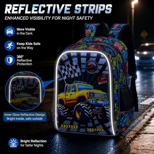 Image of HPJGD 3PCS Boys Truck Backpack Set, Water Resistant Kids Bookbag with Lunch Box, Cool School Bag for Preschool Toddler - Yellow Truck