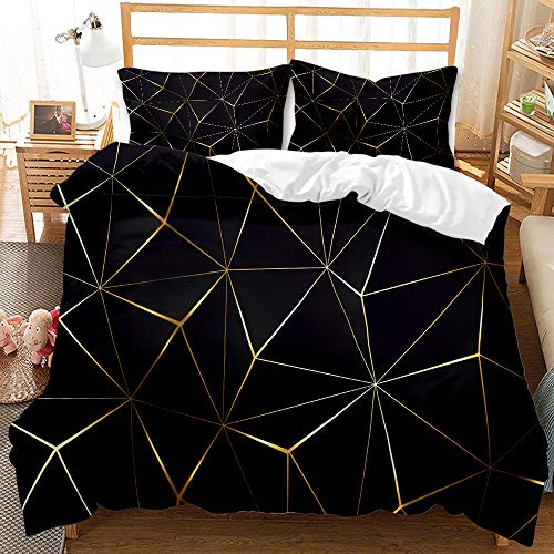 Oduo Parure de Lit Adulte avec Housses de Couettes Imprimée Motif en Marbre Doré en Microfibre pour 1/2 Personnes Literie Ensemble Douce Taies d'oreillers (Mode Noir,220x240cm)