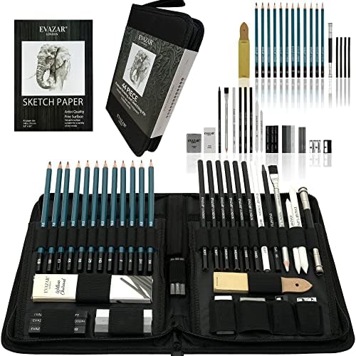 EVAZAR London Sketching and Drawing Art Supplies, Includes Graphite & Charcoal Pencils & Sticks Plus Accessories, Beautifully Presented in Portable Case with Integrated Stands, 44 Piece Set