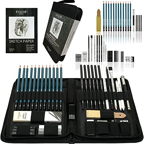 Evazar London Sketching And Drawing Art Supplies, Includes Graphite & Charcoal Pencils & Sticks Plus Accessories, Beautifully Presented In Portable Case With Integrated Stands, 44 Piece Set #TOP28