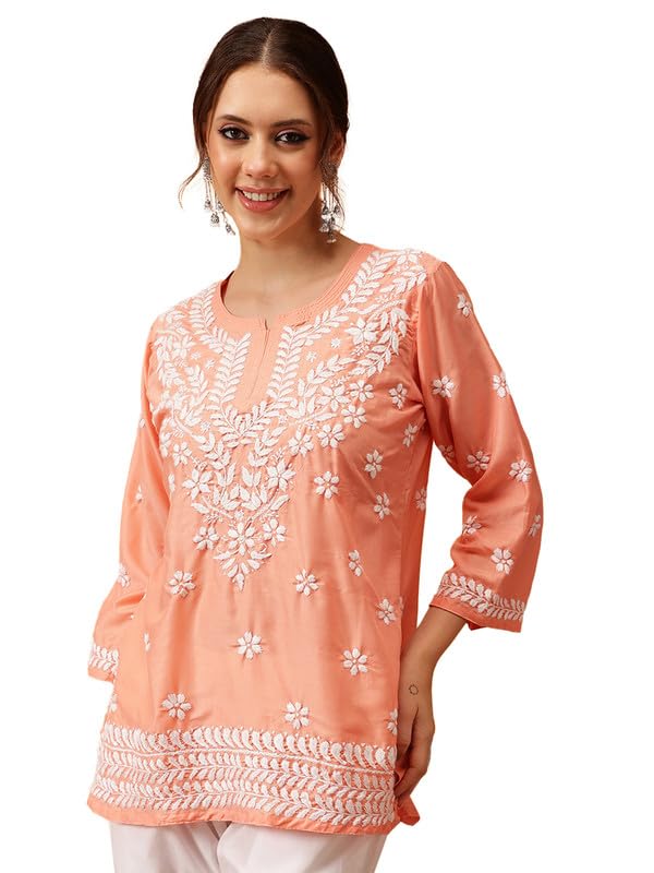 Image of Ada Women's Muslin Straight Fit Tunic Hand Embroidered Lucknowi Chikankari Straight Top Short Kurti A911420
