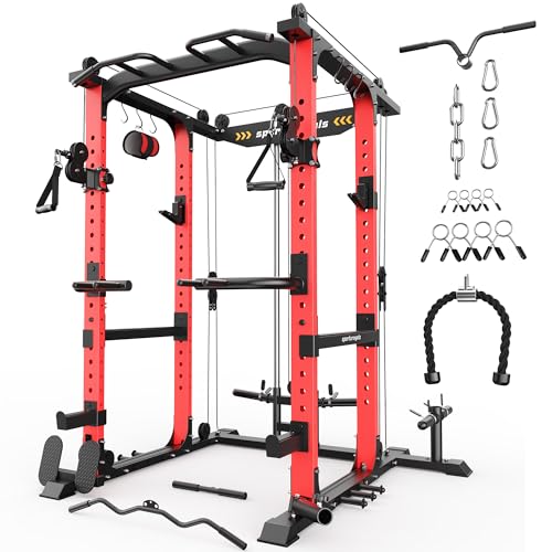 Image of Sportsroyals Power Cage, Multi-Functional Squat Rack, Power Rack with Pulley System & LAT Pull Down, Workout Cage with J Hooks for Home Gym