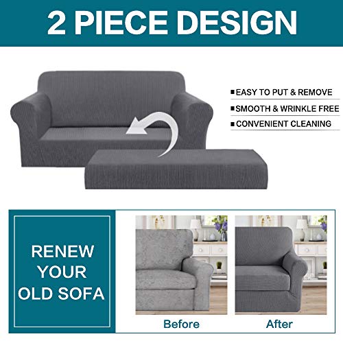 Turquoize Stretch Sofa Slipcover 2 Pieces Sofa Cover Couch Cover For 2 Cushion Couch Washable Furniture Protector Covers With Elastic Bottom Feature Thick Jacquard Fabric (Loveseat, Charcoal Gray) #TOP3