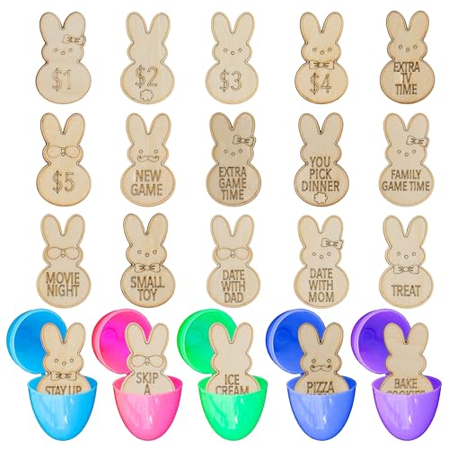 20 Pcs Wooden Easter Egg Fillers Tokens, Basket Stuffers For Toddler, Bunny Reward Tokens For Toddlers, Kids, Home Decorations, Easter Gifts For Grandchild, Baby Girl, Boy, Craft Basket Egg Hunt