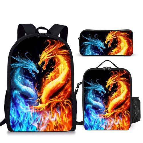 Ansteade 3PCS Boys Backpack Kids Back To School Bag with Lunch Box Pencil Case Set Cool Dragon Backpack for Boys Teens 17 Schoolbag Bookbag for Elementary Middle High School Students