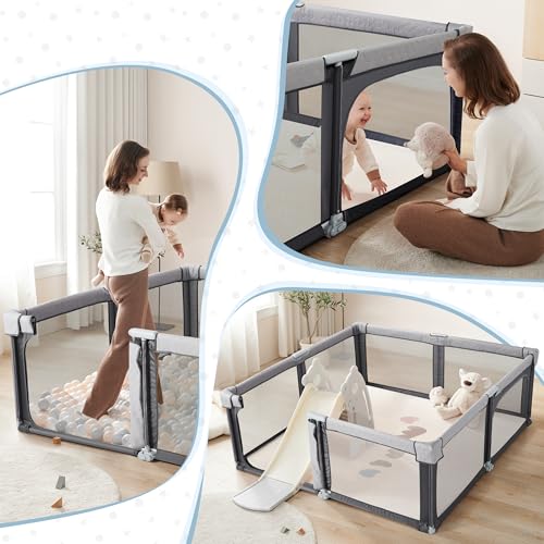 Image of Sweeby Baby Playpen, 79x71 Inch Baby Gate Playpens for Babies and Toddlers, Extra Large Playpen with Door Play Yard for Fence Indoor and Outdoor Play Pen,Space Gray