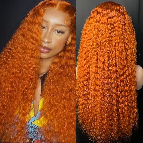 Image of LAINSS 13x6 Ginger Orange Deep Wave Lace Front Wigs Human Hair Pre Plucked 210% Density Curly HD Lace Front Wig Human Hair 350 Ginger Wig Human Hair Glueless Wigs for Women 24Inch