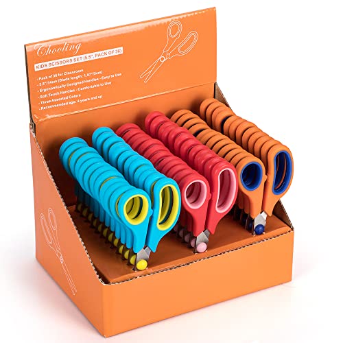 Chooling Kids Scissors (36 Count Teacher Pack, Rounded-tip, 5.5 Inch) - 5.5â€™â€™ Soft Touch Blunt School Student Scissors Shears CL-036-R-B (Pack of 36)