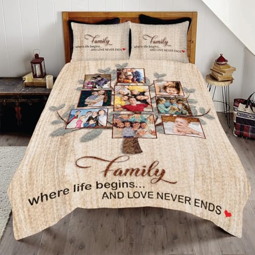 Custom Photo Family Tree Quilt Gift Bed Throw Personalized Photo and Text Fleece Quilts Blanket, Family Where The Begins ... All Season Quilt Bedding Unique Gift for Family Friends Kids