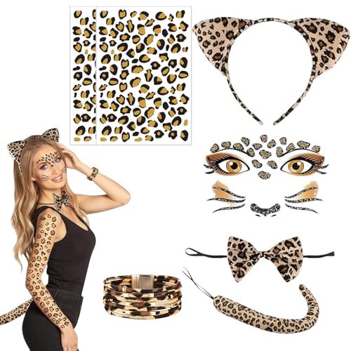 GWAWG Ensemble de Costume Léopard Bandeau aux Oreilles, Cravate, Bracelet, Queue, Stickers Visage & Tatouages pour Déguisement, Carnaval & Fêtes Animalières