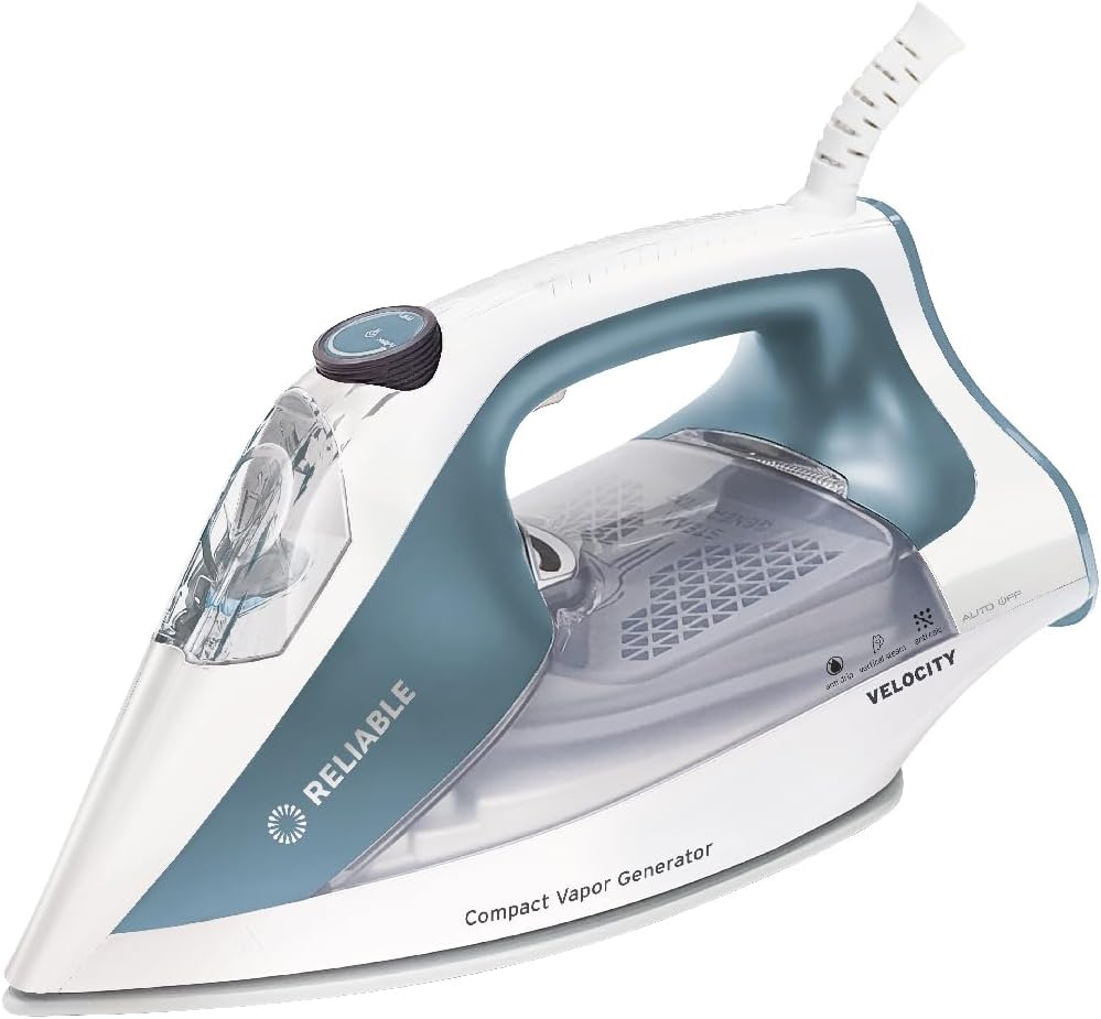 Reliable Velocity 180IR Steam Iron for Sewing, Quilting and Clothes, 1800 Watts Compact Vapor Generator, Leak Free Continuous Steam, Variable Steam Dial, Ceramic Soleplate with Three Heat Settings