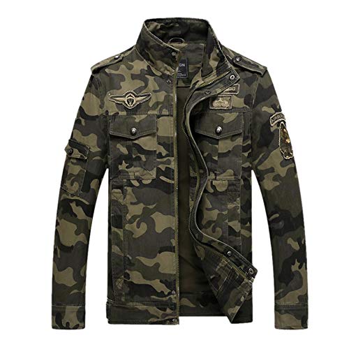 Elonglin Herren Casual Militärjacke Baumwolle Windbreaker Motorrad Werkzeug Flying Jacket Reißverschluss Groß Größe Camo Jacke Mantel Gr. Large, grün camo Cover