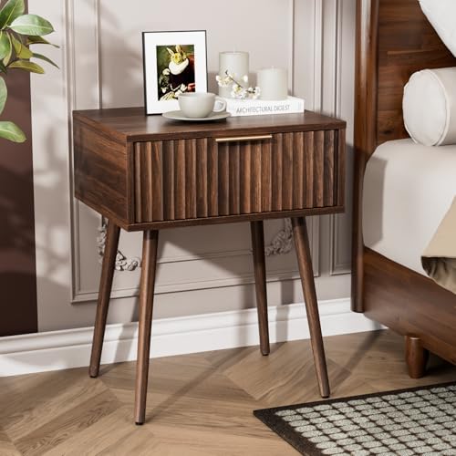 Image of VINGLI Fluted Nightstand with Drawer, 19 inch W Mid Century Modern Nightstand for Bedroom, Bedside Table, End Tables Bedroom, Wood Night Stand, Walnut, 18.9 inch W*14.96 inch D*24 inch H
