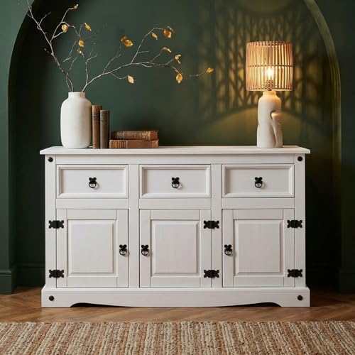 IDIMEX Buffet Rural Commode bahut vaisselier en pin Massif Blanc avec 3 tiroirs et 3 Portes, Meuble...