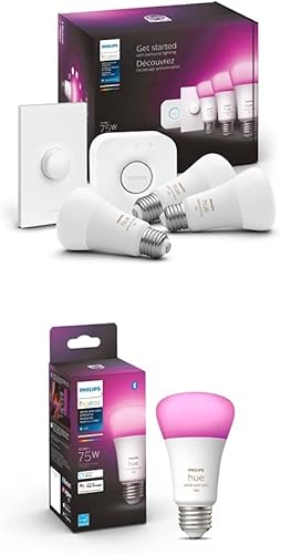 Philips Hue Kit de inicio de botón inteligente de color de 75 W + bombilla A19 extra, 4 bombillas inteligentes A19 de lúmenes medianos, 1 botón