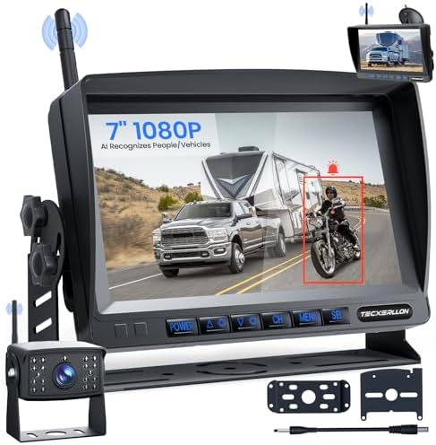 TECXERLLON - Cámara trasera inalámbrica, HD 1080P con detección AI, 7'' kit DVR visión nocturna impermeable IP69 para camping car caravan camión remol...