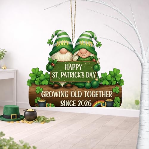 Personalized Growing Old Together Gnome 2D Flat Ornament St Patrick Shamrock Couple Keepsake Irish Holiday Tree Hanging Decoration Gifts for Couples Newlyweds Gift 5