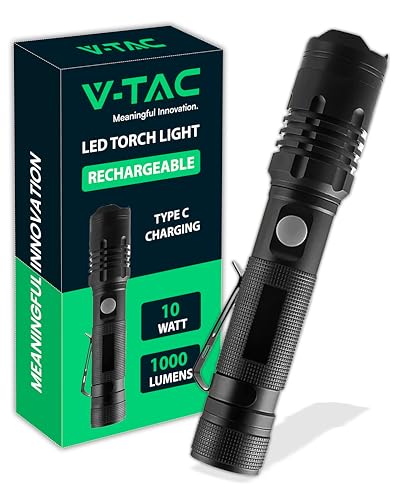 V-TAC LED-Taschenlampe mit wiederaufladbarem USB-C-Akku - Super hell bis zu 240 Meter - Tragbares Notfalllicht 1000 Lumen IP54 - Akku 2000 mAh - Aluminiumgehäuse - 3 Lichtmodi