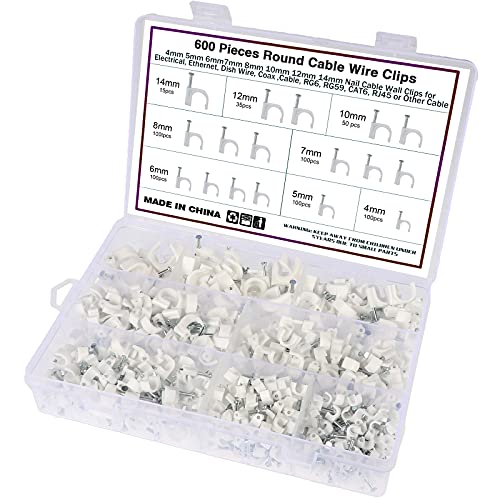 FEEIMOL 600 Pezzi Fermacavo con Chiodo Fermacavi Rotondi Fermacavi Muro in 4mm 5mm 6mm 7mm 8mm 9mm 10mm, per Fissaggio di Cavi