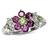 Silvershake Natural Rhodolite Garnet and Peridot 925 Sterling Silver Flower Leaf Ring Size 7