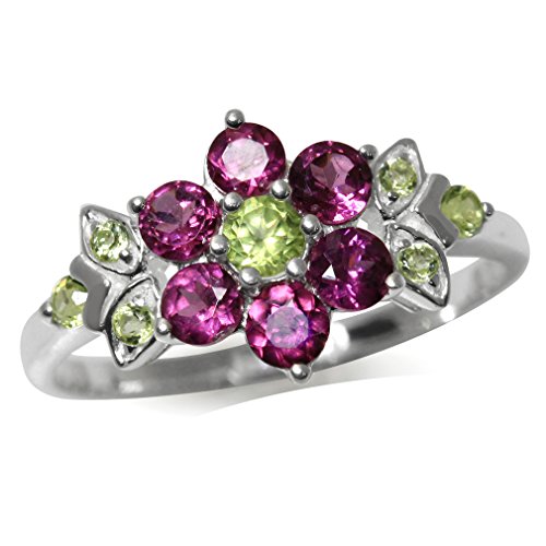Silvershake Natural Rhodolite Garnet and Peridot 925 Sterling Silver Flower Leaf Ring Size 7