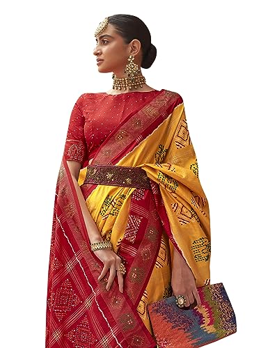 Image of SAREE MALL Women's Embellished Animal Print Patola Silk Saree With Unstitched Blouse Piece Saree