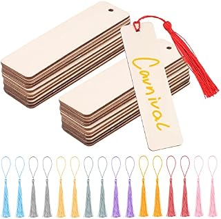 64 Pcs Wood Blank Bookmarks Set,32 pcs DIY Wooden Craft Bookmark and 32 pcs Multiple Colour Tassel,12x3.2cm Wood Hanging Tags Rectangle Blank Bookmark with Holes,DIY Wood Bookmarks and Tassel