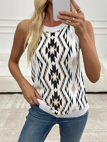 Image of MARZXIN Women Sleeveless Sweater Tank Round Neck Casual Aztec Geometric Knit Sweater Top