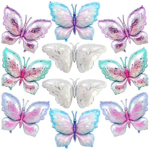 Lot de 10 ballons géants en aluminium avec dégradé de couleur papillon - Parfait pour les mariages, remises de diplômes, réunions, anniversaires et décorations de fête d'anniversaire (argent, bleu