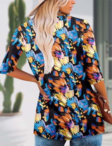 KISSMODA Tunic Tops for Women Loose Fit Dressy Round Neck Pleated 3/4 Length Sleeve Spring Tops