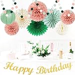 Sage-Green Pink-Gold Boho-Rustic Birthday Party-Decorations - 21pcs Happy Banner,Olive Retro Beige Paper Lanterns Pom Poms,Neutral Streamers Garland,Women Girls Decor Supplies Huglony - Image 4