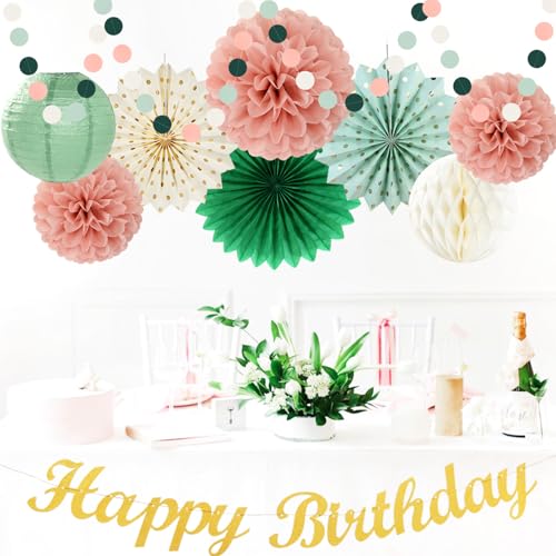 Sage-Green Pink-Gold Boho-Rustic Birthday Party-Decorations - 21pcs Happy Banner,Olive Retro Beige Paper Lanterns Pom Poms,Neutral Streamers Garland,Women Girls Decor Supplies Huglony - Image 5