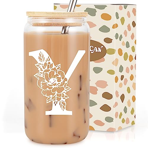 Image of Coolife Initial Glass Cup, Monogrammed Gifts for Women, 16 oz Tumbler w /Lid | Iced Coffee Smoothie Beer Tumbler w /Straw Lid - Personalized Christmas, Birthday Gifts for Woman Her Mom Friend