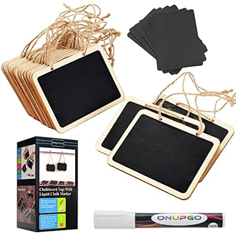 ONUPGO 16 Pack Chalkboard Tags for Baskets with Liquid Chalk Marker, Mini Erasable Chalkboards with Hanging String, Wooden Mini Chalkboard Signs, Hanging Chalkboard Labels, Price Tags, Message Tags Cover