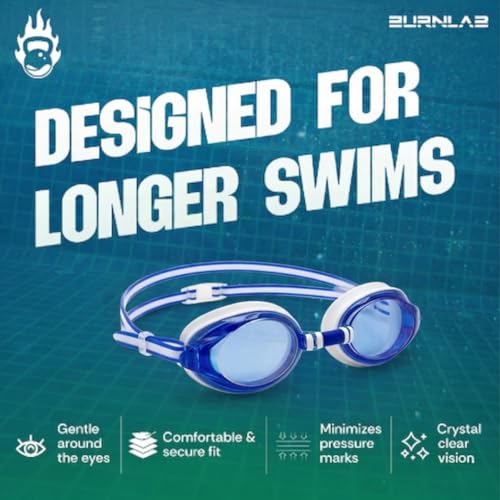 Image of BURNLAB Swimming Goggles for Everyday Pool Use, Clear Vision Lens, Easy Adjustable Strap, Unisex Adult (White blue)