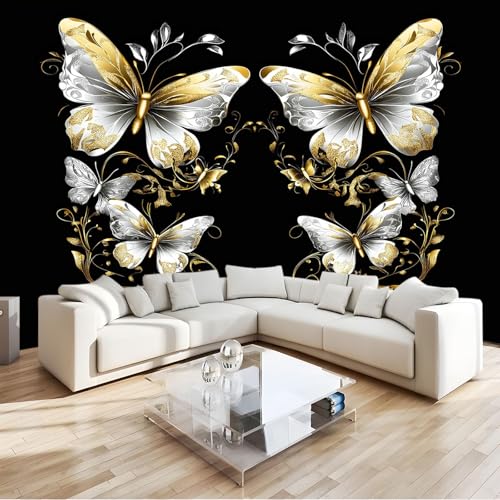 Papier peint intissé papillon argenté décoration murale grand format 300 x 210 cm