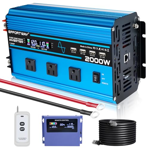Image of EFFORTWAY 2000W Pure sine Wave Inverter 4000W (Peak) DC 12V to AC 110V/120V Converter with LCD Display Wireless/Wired Remote Control 3AC Outlets and 4USB for Camping RV Travel Off-Grid Solar Systems