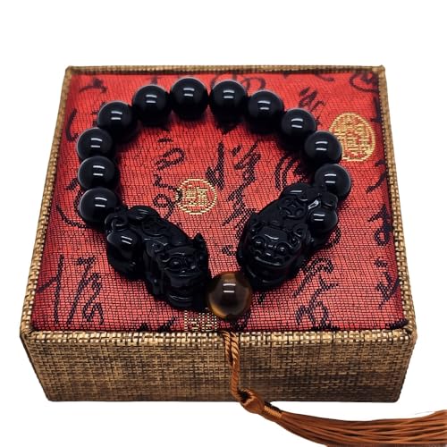 Aisamco Pulsera de obsidiana negra, riqueza Feng Shui, con piedra Pixiu y ojo de...