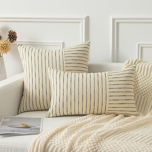 Kevin Textile Beige and Black Patchwork Farmhouse Pillow Covers 16x16 Inch, Pack of 2 Striped Linen Decorative Modern Accent Pillow Cases for Sofa Couch Bedroom - Image 5