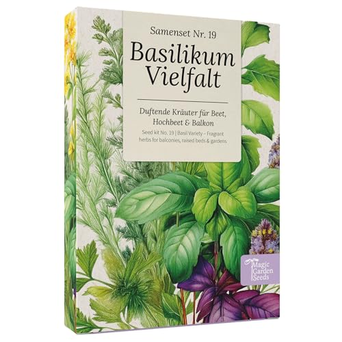 Magic Garden Seeds - Basilikum Vielfalt - 6 aromatische Sorten für Garten Hochbeet & Balkon - Basilikumsamen für Salat Pesto Tee & mehr - Saatgut-Set