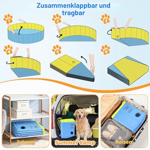 COZII Hundepool, 160 x 30cm Hundepool fur Große Kleine Hunde, Faltbare Hundebadewanne Planschbecken für Kinder, Tragbar Stabiler Hunde Pool rutschfest PVC mit Badebürste