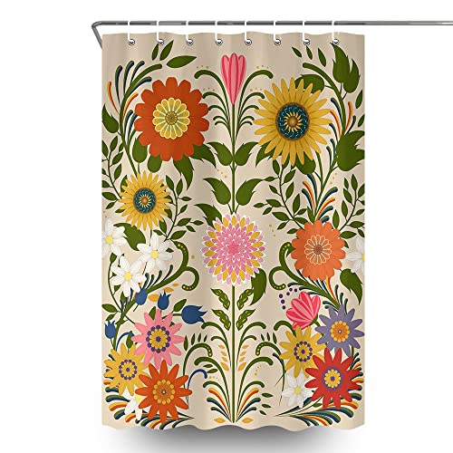 Mexican Sunflower Shower, Curtain Farmhouse Rustic Floral Elegant Symmetrical Shower Curtain, Retro Shower Curtain, Green Plant Dahlia Daisy Shower Curtain Polyester Fabric With Hooks 47X64 In #TOP2