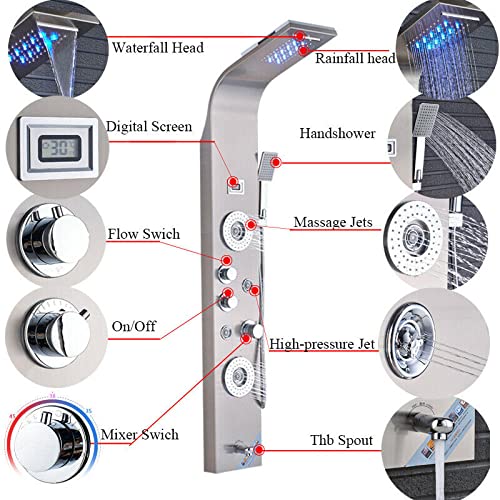 Panel de ducha con torre de cuerpo en acabado níquel cepillado con LED, sistema de masaje y jets de agua tipo cascada miniatura 6